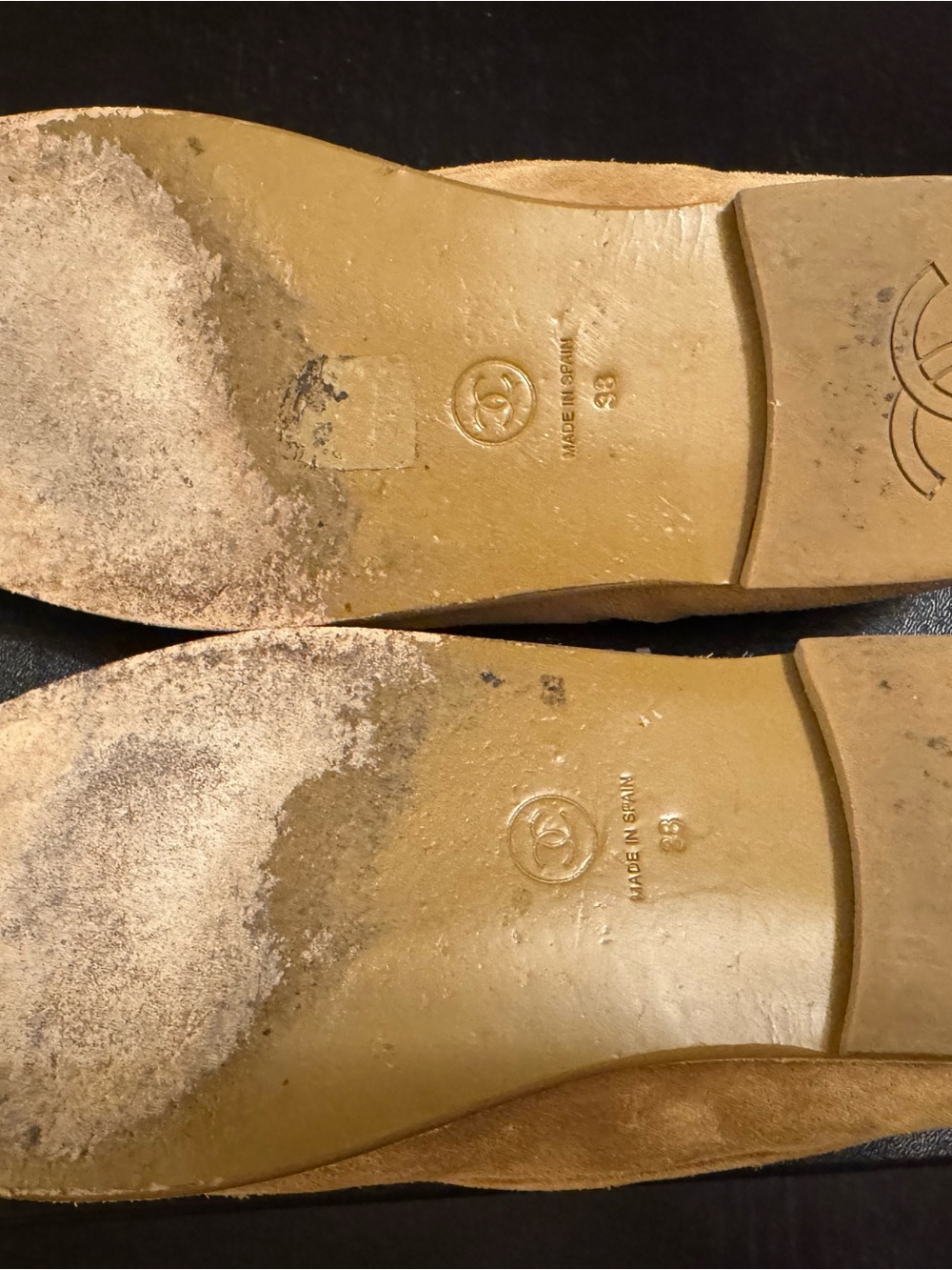 CHANEL Tan Suede Shearling-Lined Slip-On Loafers with CC Hardware - Picture 10 of 11